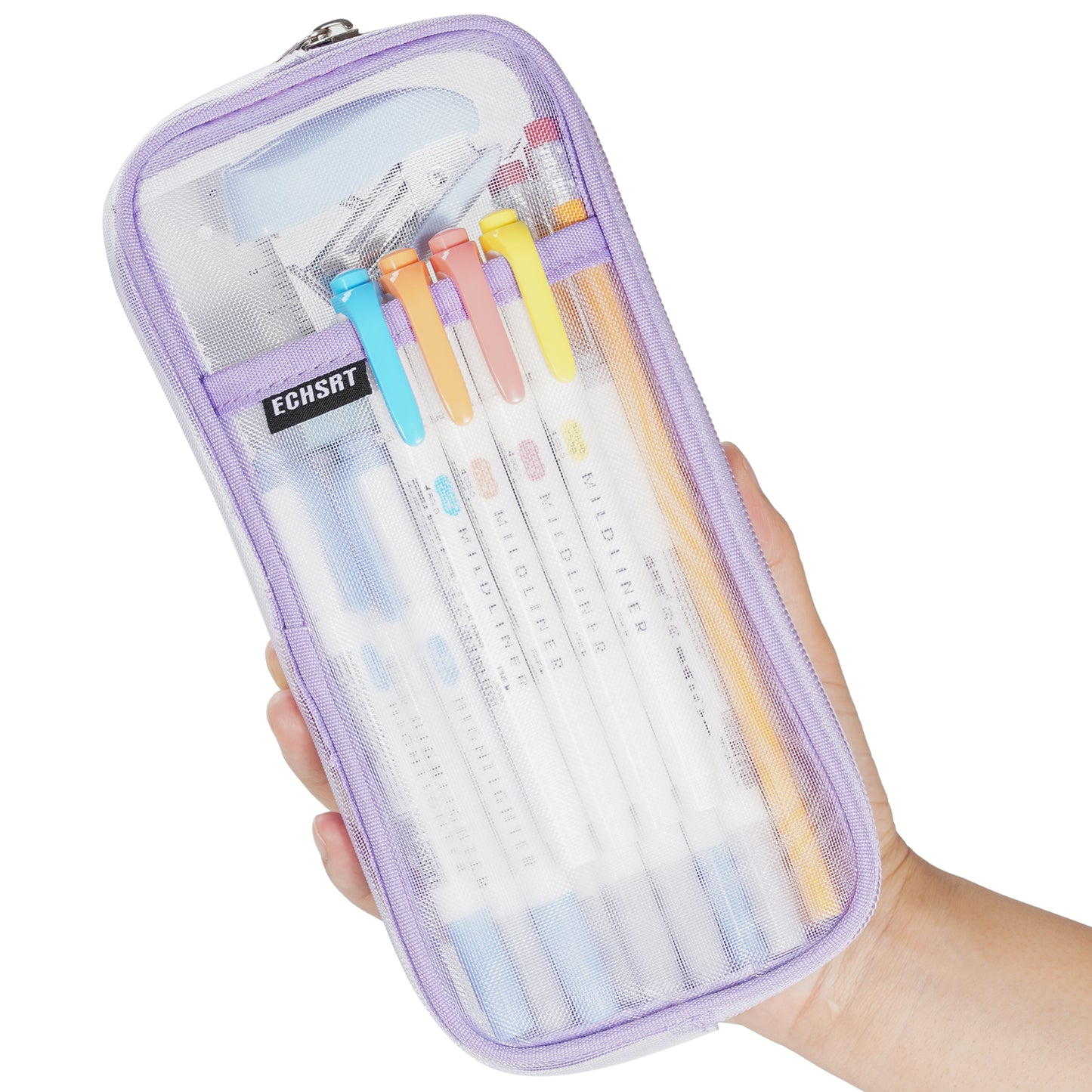 ECHSRT Water-Resistant Mesh Pencil Case with Zipper, Clear Grid Pencil Pouch for School, Office & Travel, 2 Compartments for Pens, Makeup, Art Supplies - Lightweight, Transparent (Orange)