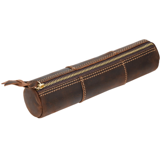 ECHSRT Genuine Leather Pencil Case, Full-Grain Cowhide Leather Pouch, Small Pencil Pouch for Men, Vintage Pen Bag for Adults, Stationery Organizer Case for Work & Travel-Cylinder