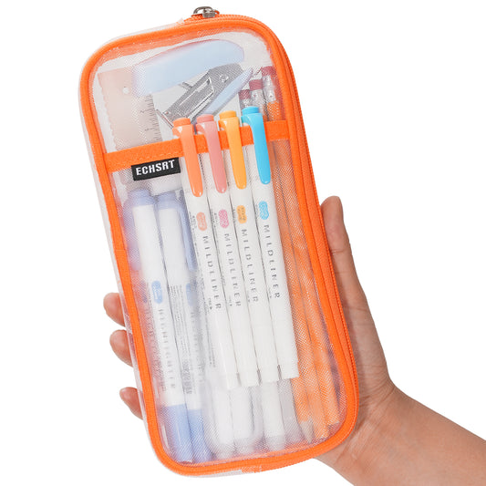 ECHSRT Water-Resistant Mesh Pencil Case with Zipper, Clear Grid Pencil Pouch for School, Office & Travel, 2 Compartments for Pens, Makeup, Art Supplies - Lightweight, Transparent (Orange)