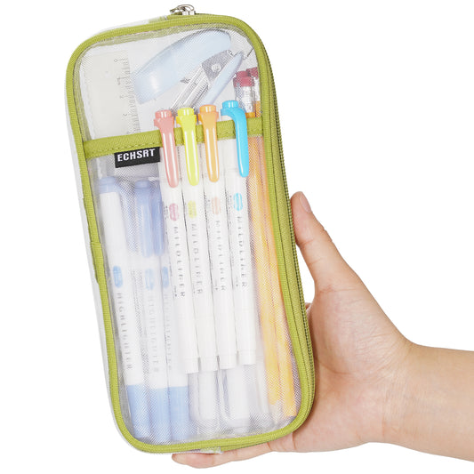 ECHSRT Water-Resistant Mesh Pencil Case with Zipper, Clear Grid Pencil Pouch for School, Office & Travel, 2 Compartments for Pens, Makeup, Art Supplies - Lightweight, Transparent (Orange)