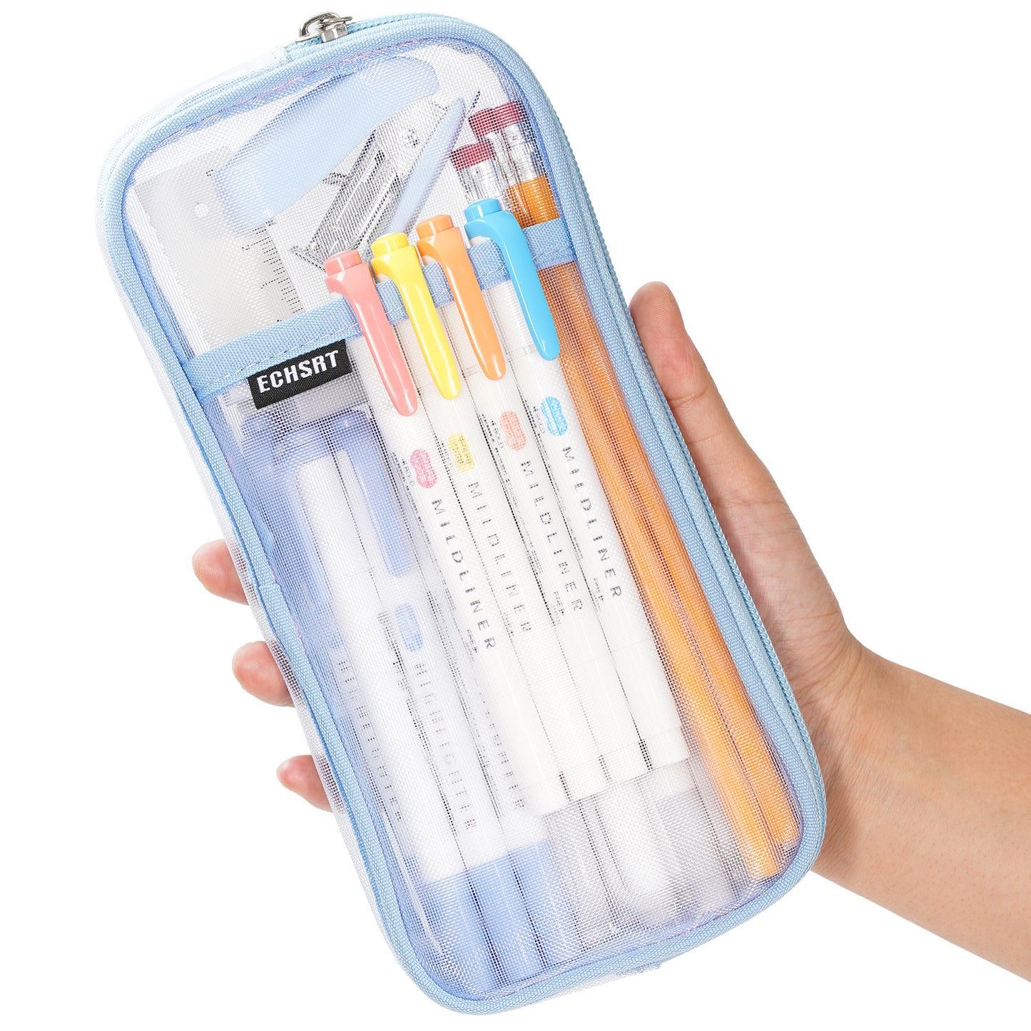 ECHSRT Water-Resistant Mesh Pencil Case with Zipper, Clear Grid Pencil Pouch for School, Office & Travel, 2 Compartments for Pens, Makeup, Art Supplies - Lightweight, Transparent (Orange)