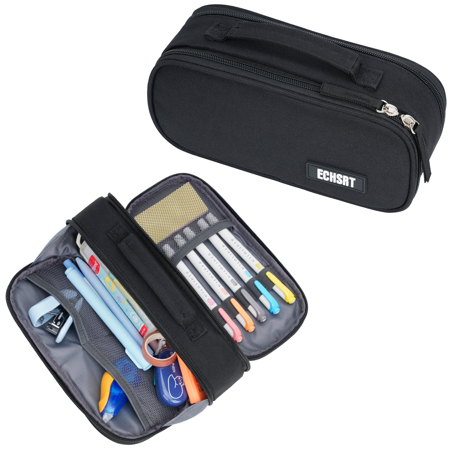 ECHSRT Tactical Pencil Case for Boy, Extra Large Capacity Camo Pencil Pouch for Men Adults, 3 Compartment Zipper Pen Case, Small Tool Bag Organizer for School Office Travel - Black