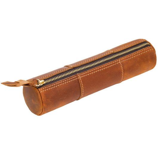 ECHSRT Genuine Leather Pencil Case, Full-Grain Cowhide Leather Pouch, Small Pencil Pouch for Men, Vintage Pen Bag for Adults, Stationery Organizer Case for Work & Travel-Cylinder