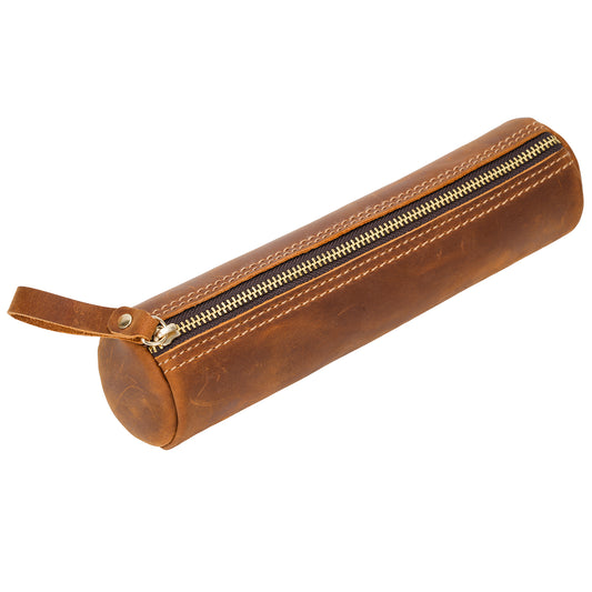 ECHSRT Small Pencil Pouch-Genuine Full-Grain Leather Pencil Case for Men- Vintage Leather Pouch for Adults-Stationery Organizer Bag for Work & Travel-Cylinder-Black