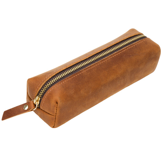 ECHSRT Small Pencil Pouch-Full-Grain Leather Pencil Case for Men- Vintage Genuine Leather Pouch for Adults-Stationery Organizer Bag for Work & Travel-Square-Brown